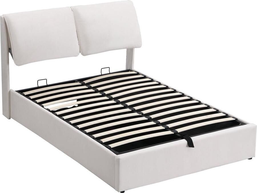 Merax Velvet Opbergbed 140x200 met Hydraulisch Systeem Verstelbaar Hoofdbord en 3 Schuiflades – Wit