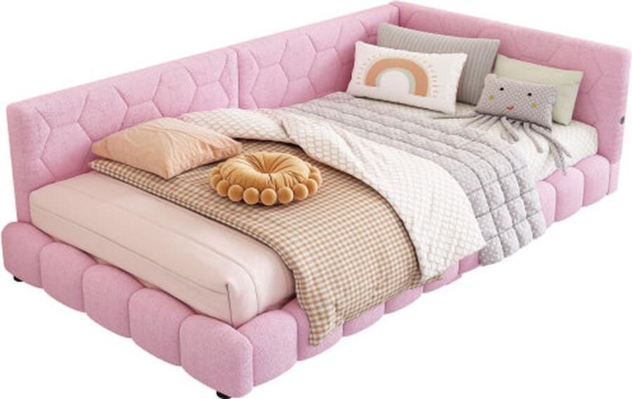 Merax Eenpersoonsbed 90x200 cm Stijlvol Slaapbankjmet Lattenbodem 16-kleuren LED-omgevingslicht USB- en Type-C-aansluitingen Zacht Velvet in Roze - Foto 2