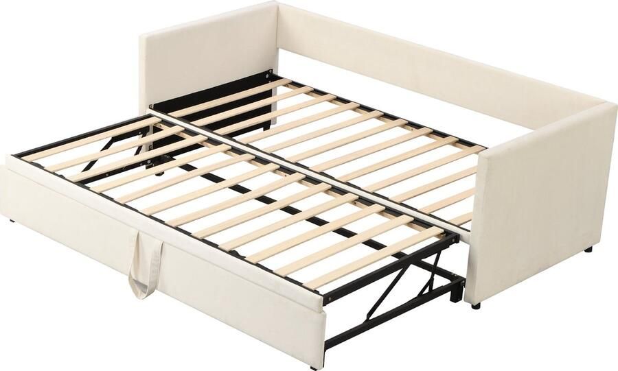 Merax Slaapbank Eenpersoonsbed 90x200 cm Uitschuifbaar tot Kingsize Tweepersoonsbed 180x200 cm Luxe Gestoffeerde Bedbank Beige Fluweel - Foto 2