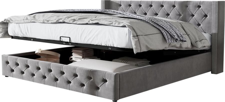 Merax Velvet Boxspringbed 180x200 Chesterfield Design Hydraulisch Opbergbed met Oorvormig Hoofdbord en Nieten Grijs