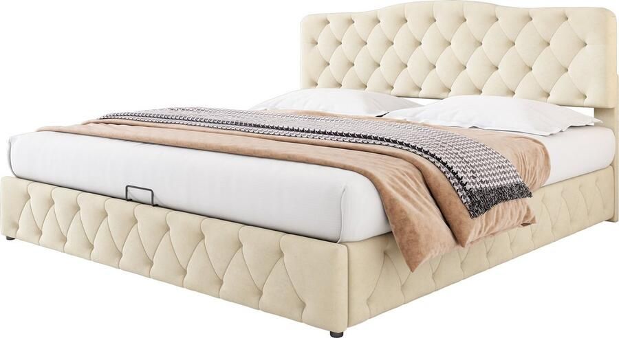 Merax Velvet Tweepersoonsbed 180x200 cm met Hydraulisch Lattenbodem Opbergbed met Verstelbaar Hoofdbord en Opbergruimte – Beige