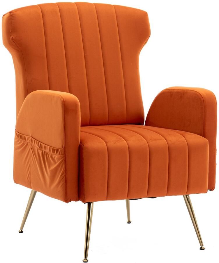 Merax Velvet Wingback Fauteuil – Oranje Fluwelen Stoel met Gouden Poten – Luxe Loungestoel met Hoge Rugleuning – Comfortabele Leesstoel
