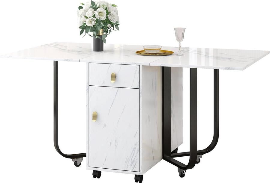 Merax Verrijdbare Inklapbare Eettafel met Opbergkast en Lades – Tafel met Wielen voor 6 Personen – Uitklapbaar en Ruimtebesparend – Marmerlook – Wit met Zwart - Foto 2