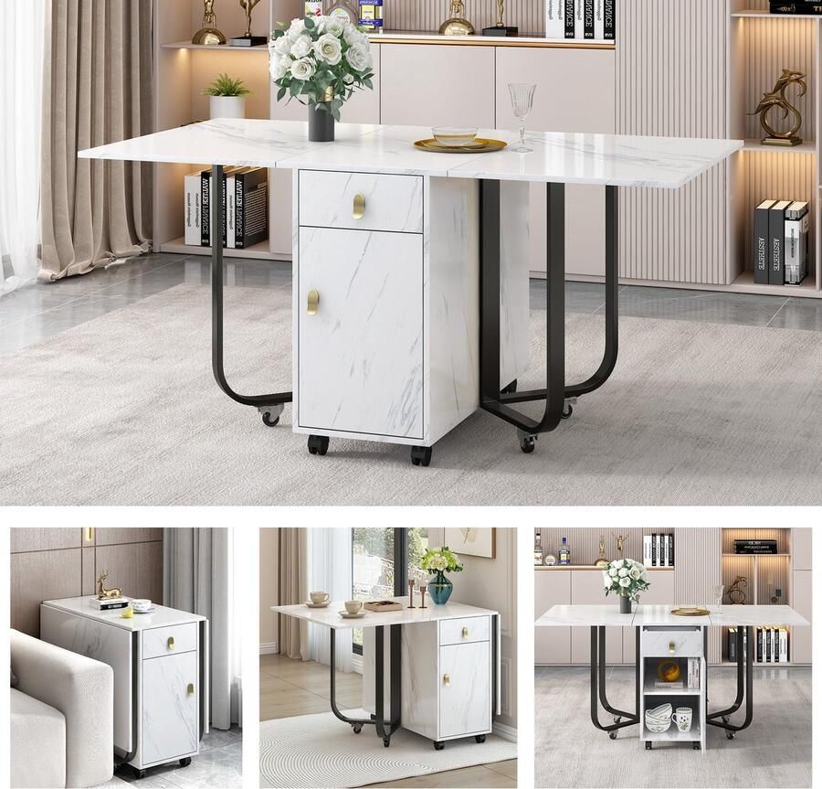 Merax Verrijdbare Inklapbare Eettafel met Opbergkast en Lades – Tafel met Wielen voor 6 Personen – Uitklapbaar en Ruimtebesparend – Marmerlook – Wit met Zwart