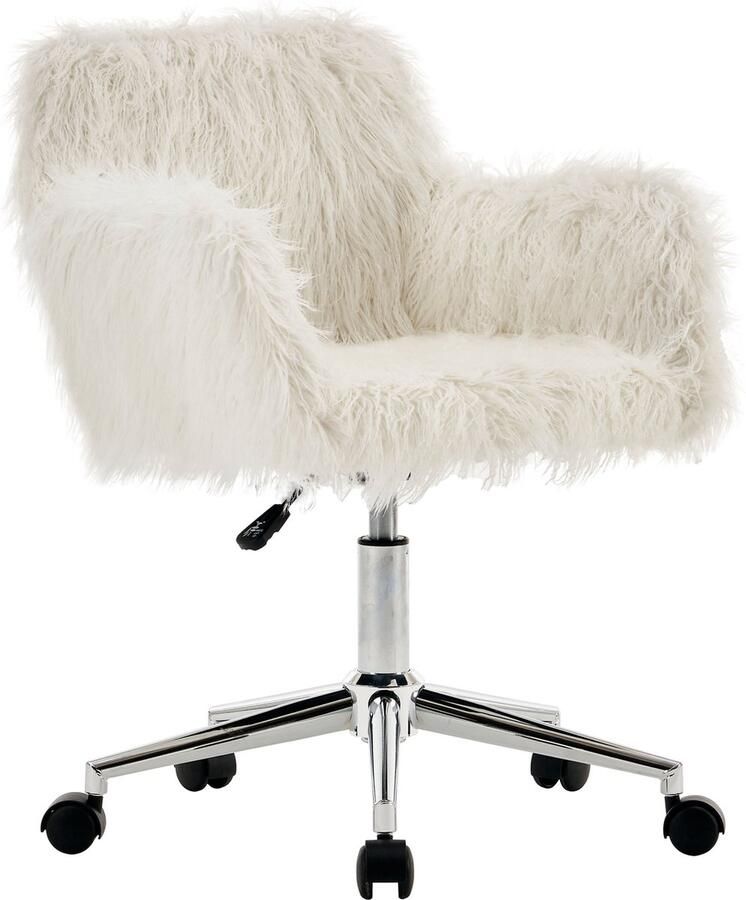 Merax Verstelbare Bureaustoel in Kunstbont Ergonomische Draaistoel Gestoffeerd Kantoorstoel Wit