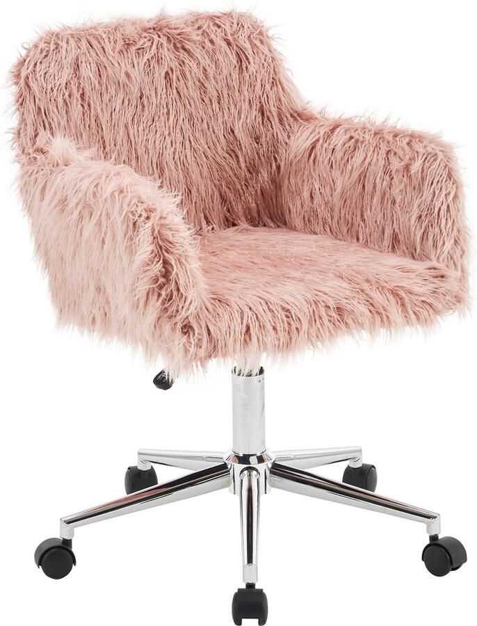 Merax Verstelbare Bureaustoel in Kunstbont Ergonomische Draaistoel Luxe Kantoorstoel Roze