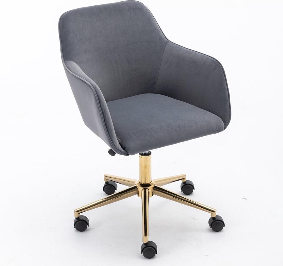 Merax Verstelbare Draaistoel van Fluweel – Grijze Bureaustoel met Gouden Poten en Ergonomische Rugleuning - Foto 2