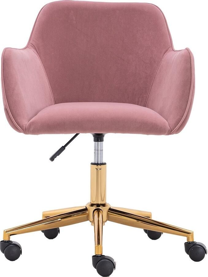 Merax Verstelbare Velvet Draaistoel met Gouden Poten – Roze Bureaustoel voor Thuis en Kantoor