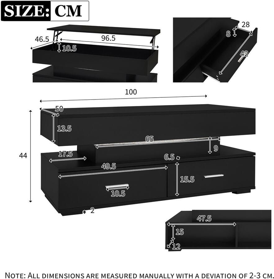 Merax Verstelbare Salontafel 100x50x44cm met 2 Lades en Open Opbergruimte – Hydraulisch Hefbaar Tafelblad – Tafel met LED Verlichting via Bluetooth en APP – Zwart
