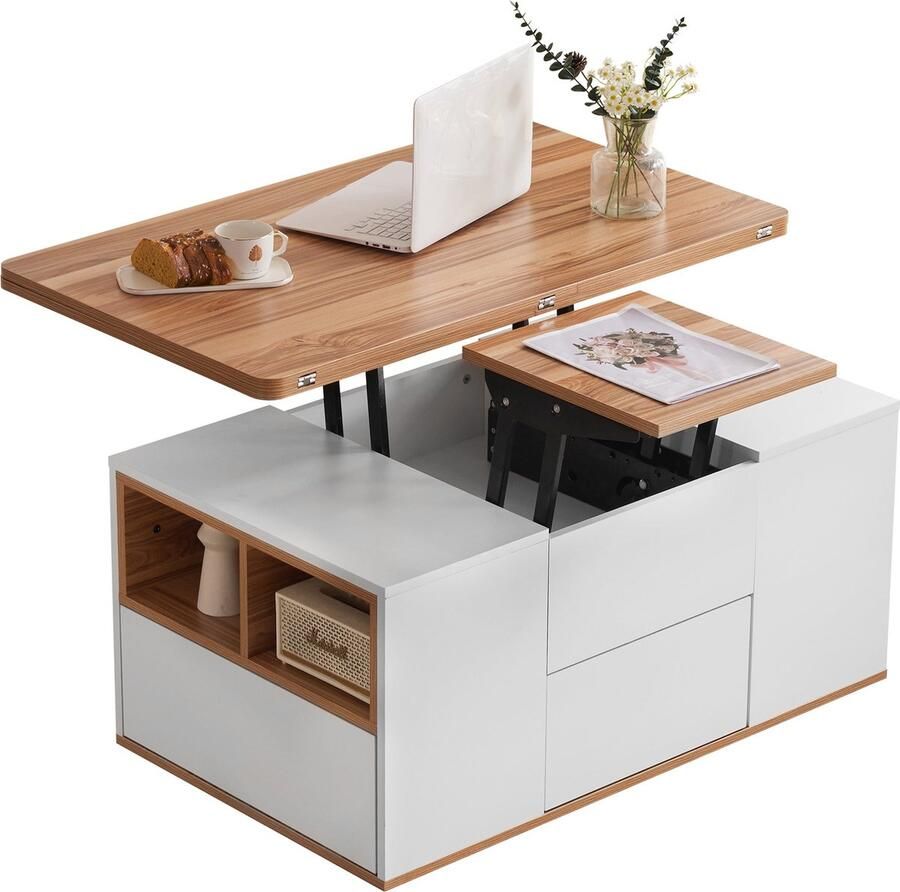 Merax Verstelbare Multifunctionele Salontafel In hoogte verstelbare tafelbladen wit + houtkleur veel opbergruimte moderne woonkamermeubels bureau eettafel en bijzettafel