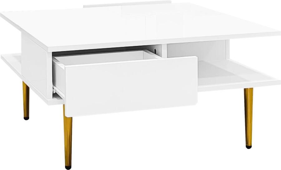 Merax Vierkante Salontafel – Hoogglans Wit – 70x70x36 cm – Met 2 Schubladen en 2 Open Vakken – Goudkleurige Poten – Draagkracht 30 kg - Foto 3