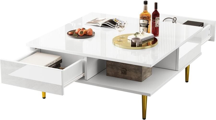 Merax Vierkante Salontafel – Hoogglans Wit – 70x70x36 cm – Met 2 Schubladen en 2 Open Vakken – Goudkleurige Poten – Draagkracht 30 kg - Foto 2