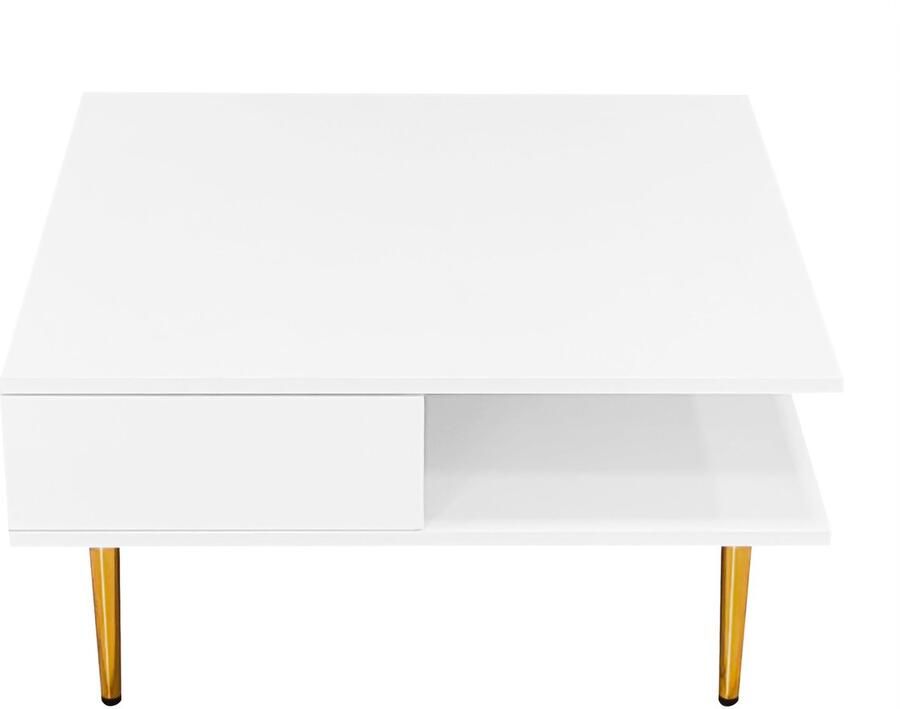 Merax Vierkante Salontafel – Hoogglans Wit – 70x70x36 cm – Met 2 Schubladen en 2 Open Vakken – Goudkleurige Poten – Draagkracht 30 kg