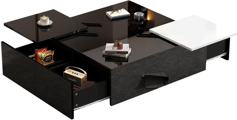 Merax Vierkante Salontafel Hoogglans Zwart Wit 75x75x33.5 cm – Moderne Tafel met 4 Lades en Verplaatsbare Bovenplaat – Zwart Wit Design voor Woonkamer