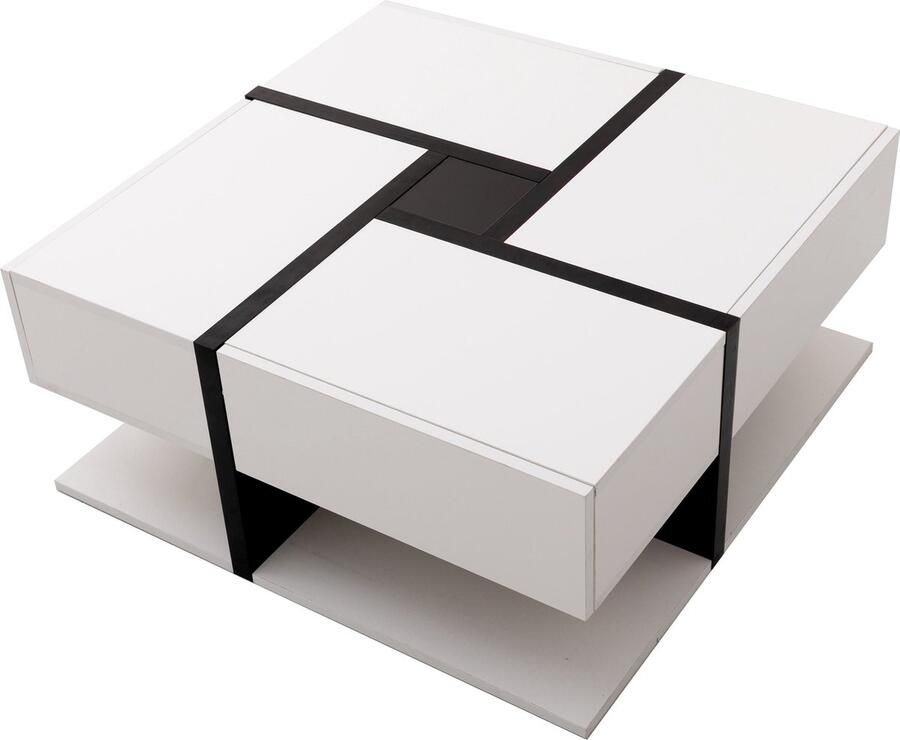 Merax Vierkante Salontafel – Hoogglans Wit Zwart – 78x78 cm – Met 4 Schuiflades & Open Opbergruimte – Modern Design – MDF