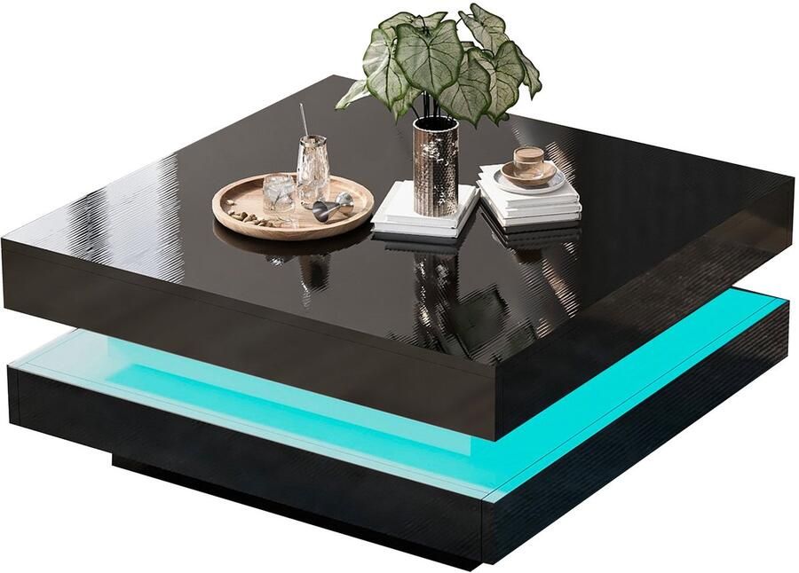 Merax Vierkante Salontafel met LED Verlichting – Zwart – 70x70x36 cm – Bluetooth App – 16 Kleuren – Futuristisch Design – Max. 45 kg