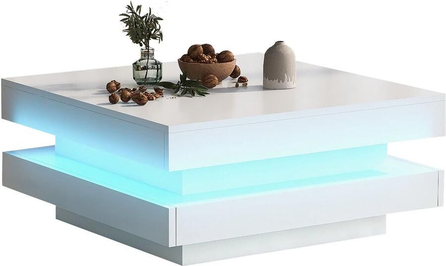 Merax Vierkante Salontafel – Wit – LED Tafel met Bluetooth App – Moderne Design Tafel met Licht – 70x70x36 cm – Max. draagvermogen 30 kg