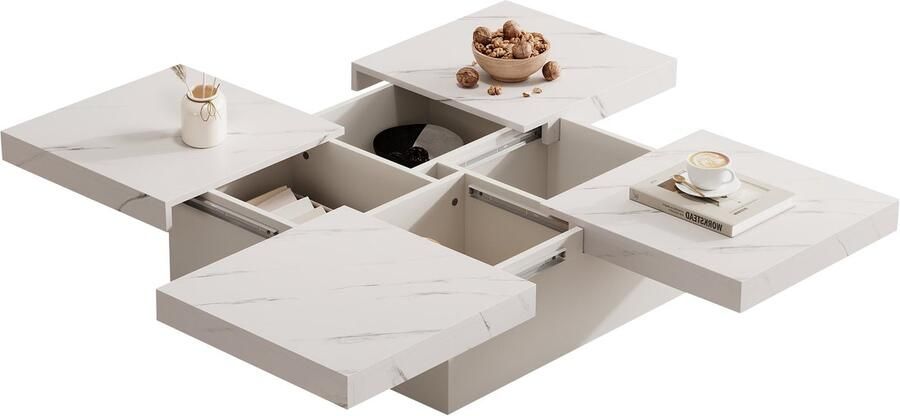 Merax Vierkante Salontafel – Wit met Marmerlook – 90 x 90 x 25 cm – Met 4 Lades en Schuifbare Tafelblad – Moderne Lage Tafel