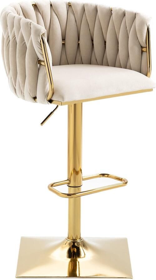 Merax Luxe Barkrukken Set van 2 – Verstelbaar 87-105 cm – Beige Fluweel met Gouden Frame – 360° Draaibaar met Rugleuning en Voetensteun – Moderne Barstoelen - Foto 2