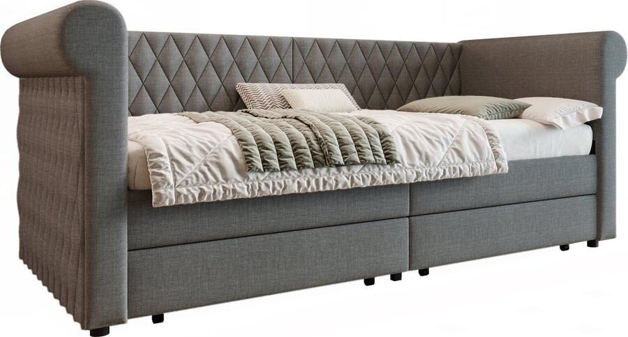 Merax Vintage Slaapbank Bed 90x200 cm – Kinderbed Jeugdbed met 2 Opberglades en Lattenbodem Gestoffeerd in Linnen Grijs (Zonder Matras)