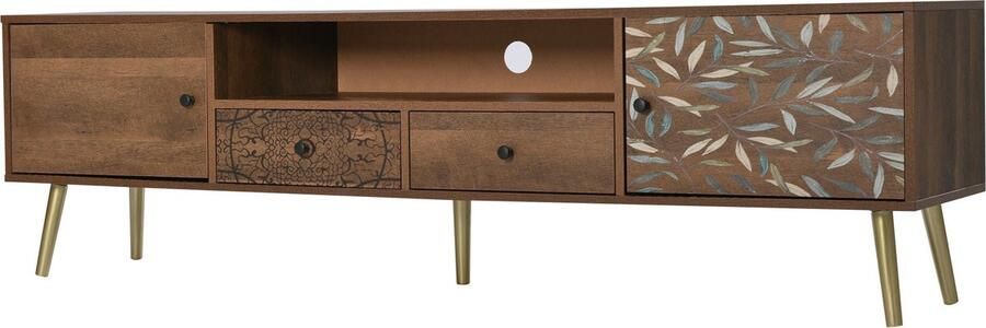 Merax Vintage TV-meubel 180x38x50.5 cm TV-kast met 2 Deuren 2 Lades en Open Vak Landelijk Design met Gouden Poten