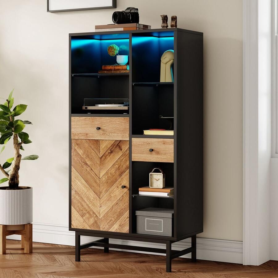 Merax Vitrine met 12-kleurige LED-lichtstrook keukenkast met lades en glazen planken driehoekige houtnerf