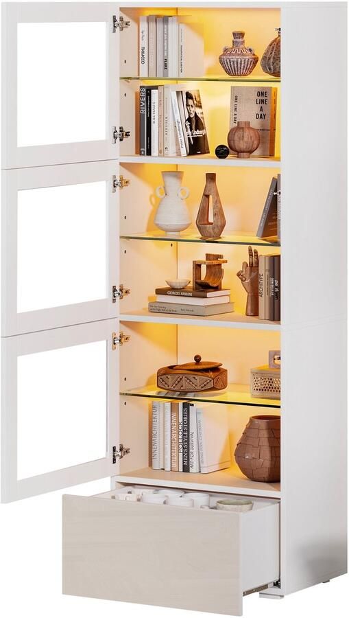 Merax Vitrinekast 60x40x173 cm Wit Highboard met LED Verlichting Acryl Deuren 3 Glasplanken en Lade