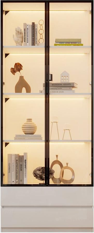 Merax Vitrinekast 80x34x200 cm Hoge Vitrinekast met LED-Verlichting 2 Glazen Deuren en 2 Lades Woonkamer Opbergkast en Displaykast Wit