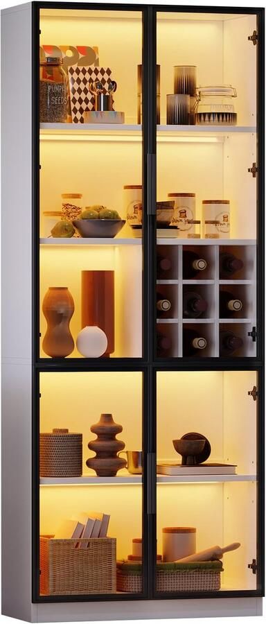 Merax Vitrinekast 80x35x200 cm Witte Kast met Glazen Deuren LED Verlichting Boekenkast en Weinkast met 5 Lagen en Verstelbare Planken