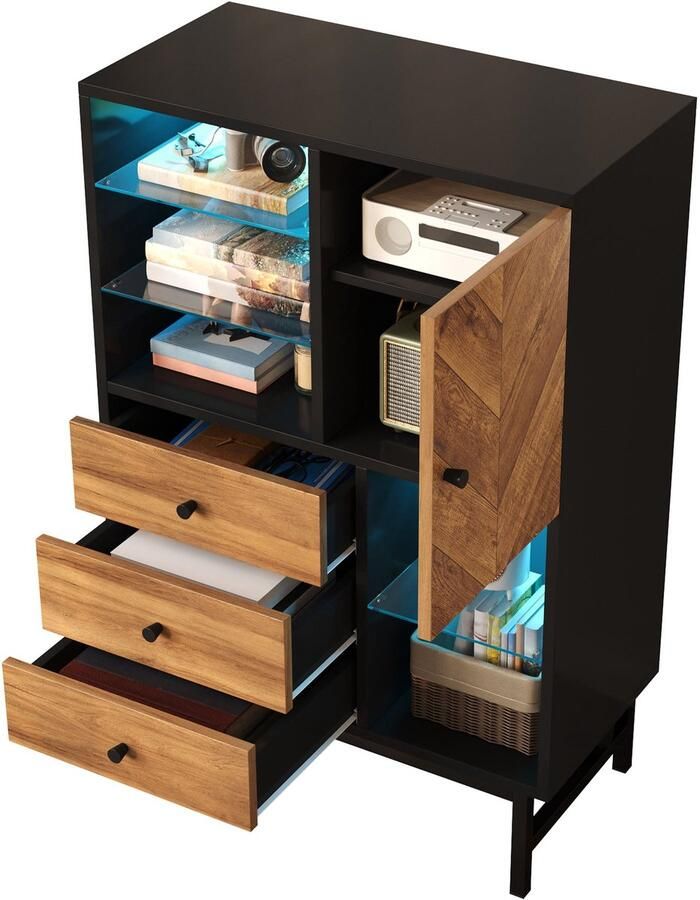 Merax Vitrinekast met LED Verlichting 12 Kleuren 80 cm Breed Opbergkast met Glasplanken Lades en Deur Zwart met Houtlook Voor Woonkamer Keuken of Hal