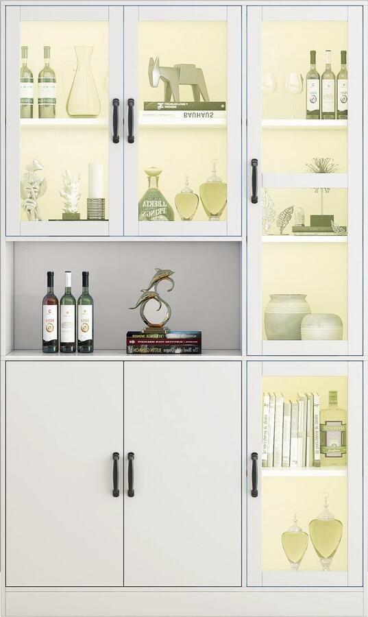 Merax Vitrinekast met LED-verlichting – Witte Boekenkast met Deuren – Luxe Buffetkast met Verstelbare Planken en Acrylglasdeuren – Geschikt voor Woonkamer Keuken en Slaapkamer