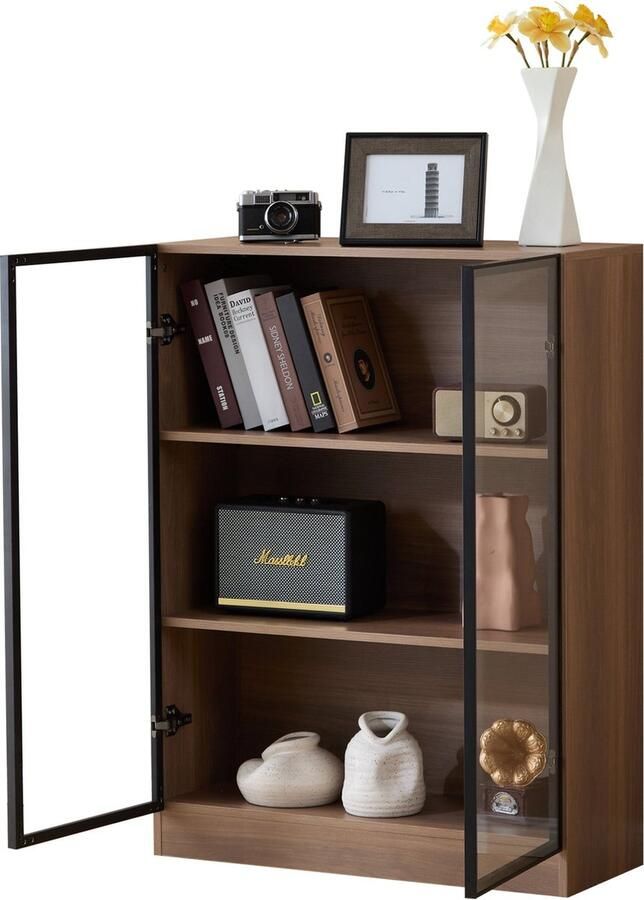 Merax Vitrinekast met LED-verlichting – Moderne Glazen Vitrine met 3 Verstelbare Planken – Opbergkast met Aluminium Glazen Deuren – 80 x 32 x 106 cm – Voor Woonkamer Slaapkamer of Hal (Natuurlijk)