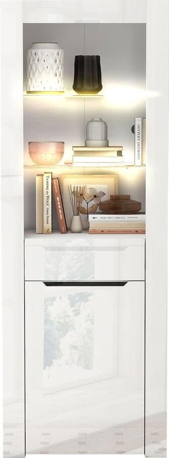 Merax Vitrinekast met LED-Verlichting Moderne Wit Hoogglans Boekenkast en Opbergkast met Schappen voor Woonkamer Keuken Kantoor 165 cm Hoog - Foto 2