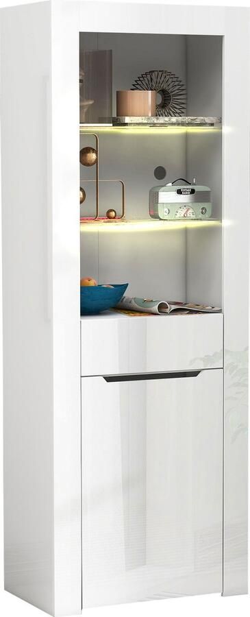 Merax Vitrinekast met LED-Verlichting Moderne Wit Hoogglans Boekenkast en Opbergkast met Schappen voor Woonkamer Keuken Kantoor 165 cm Hoog