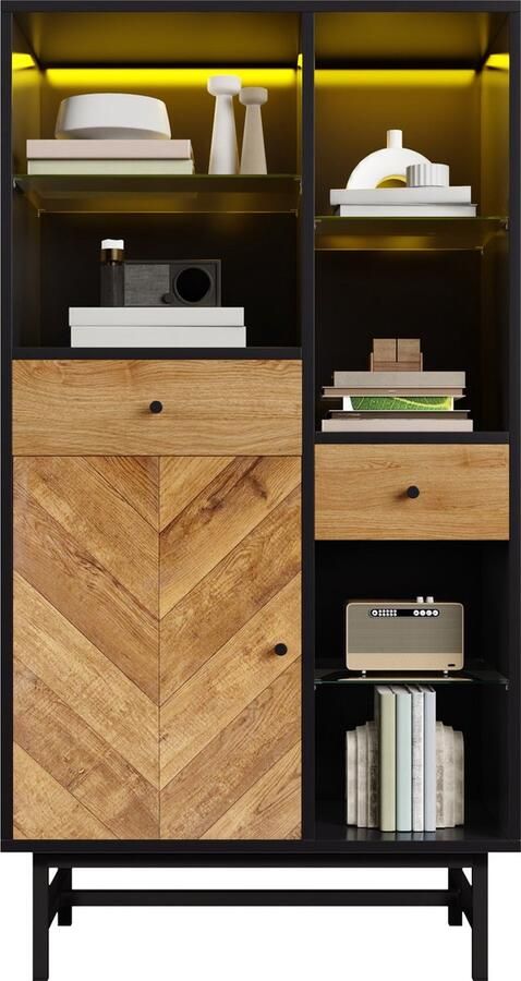 Merax Vitrinekast met LED Verlichting – Zwarte Kast met Glasplanken Schubladen en Houten Afwerking 80x40x150 5 cm