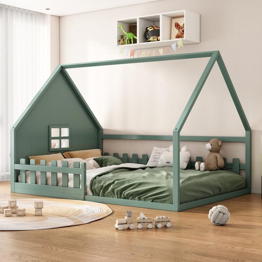 Merax Vlak bed 140x200 cm tweepersoonsbed kinderbed hoofdbord veiligheidsrail groen zonder matras
