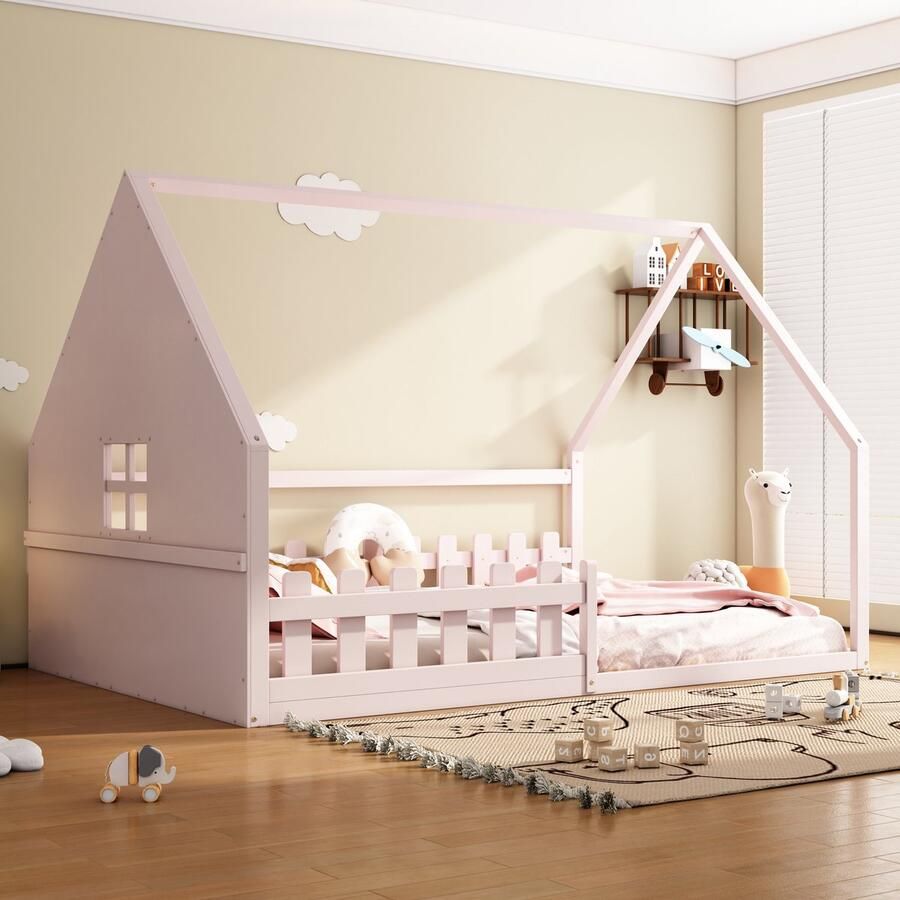 Merax Vlak bed 140x200 cm tweepersoonsbed kinderbed hoofdbord veiligheidsrail roze zonder matras