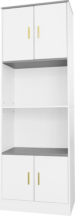 Merax Vrijstaande Vitrinekast 60x40x180 cm Wit – 4 Deuren met Open Vakken en Soft-Close Scharnieren – Geschikt voor Keuken Woonkamer of Boekenkast