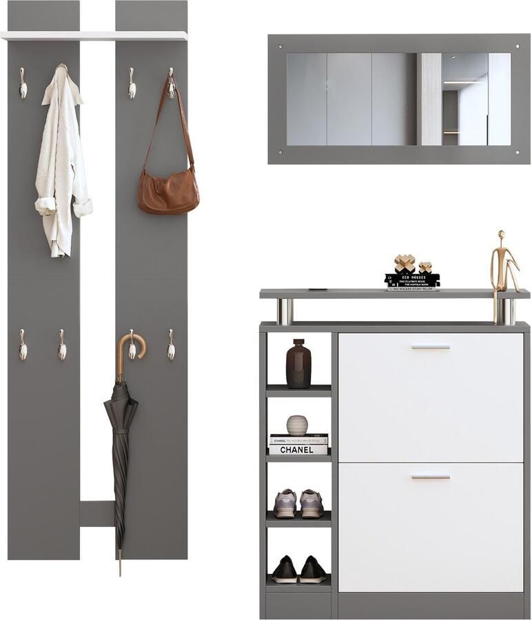 Merax Wandgarderobe Set 80 x 25 x 96.5 cm Inclusief Spiegel 2 Wandpanelen Wandplank en Schoenenkast Antracietgrijs Ideaal voor Hal en Gang