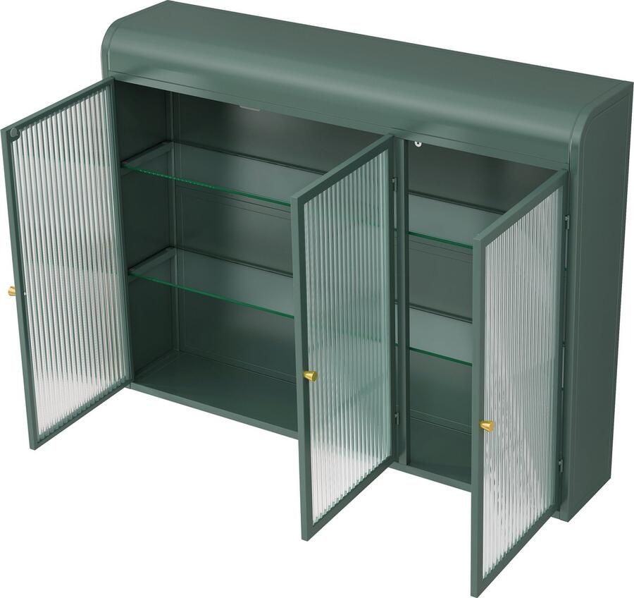 Merax Wandkast met 3 Glazen Deuren – Boogvormig Design – Voor Keuken Woonkamer en Badkamer – Donkergroen