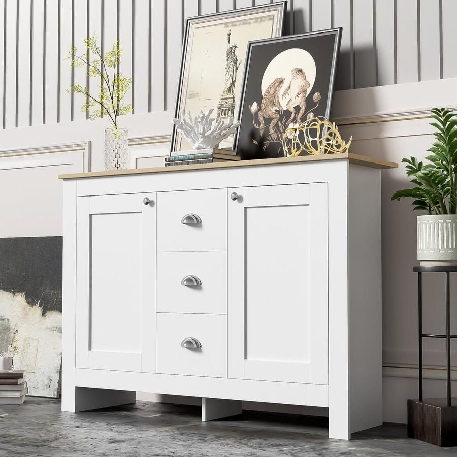 Merax Warm Wit Houten Dressoir met 2 Deuren en 3 Lades Met Zilveren Handgrepen en Verstelbare Plank- 116 x 35 x 81 cm