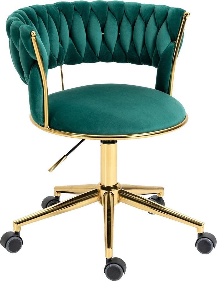 Merax Luxe Fluwelen Bureaustoel met Verstelbare Hoogte 360° Draaibaar en Handgeweven Rugleuning – Elegant Ontwerp met Gouden Accenten en Vijf Wielen voor Thuis- en Kantoorgebruik (Smaragdgroen)