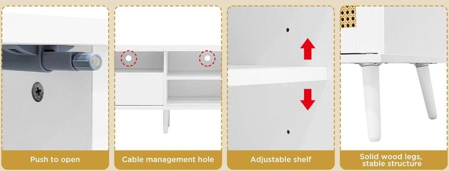 Merax Weißer Rattan-TV-Ständer Maße 200x40x49 cm geeignet für 90-Zoll-Fernseher mit 2 Rattantüren 1 Schublade und 3 offenen Fächern Robuste Konstruktion 50 kg Belastbarkeit TV-Schrank