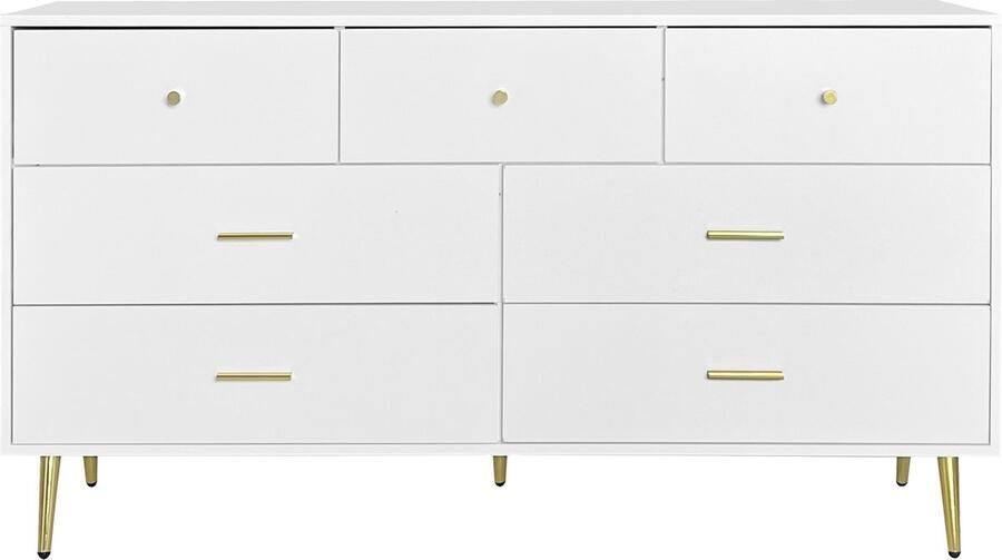 Merax Weißes Sideboard 7 Schubladen goldene Griffe goldene Beine glatte Schubladenführungen 140*35*76cm Esszimmer Anrichte Sideboard Küchenschrank Aufbewahrungsschrank Riser Schubladen Kommode - Foto 2