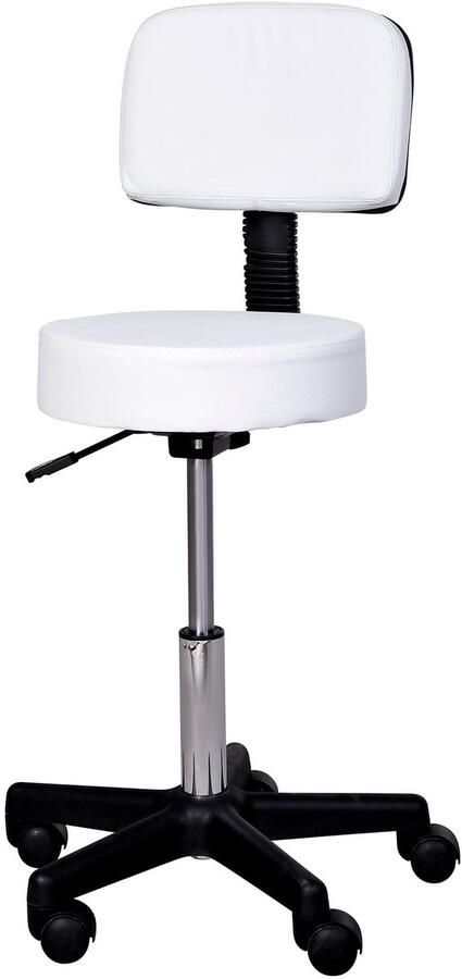 Merax Werkkruk met Rugleuning Wit – Verstelbare Rollende Zadelkruk van Kunstleer met Wielen – Comfortabele Draaibare Hocker voor Kapsalon Thuispraktijk of Bureau