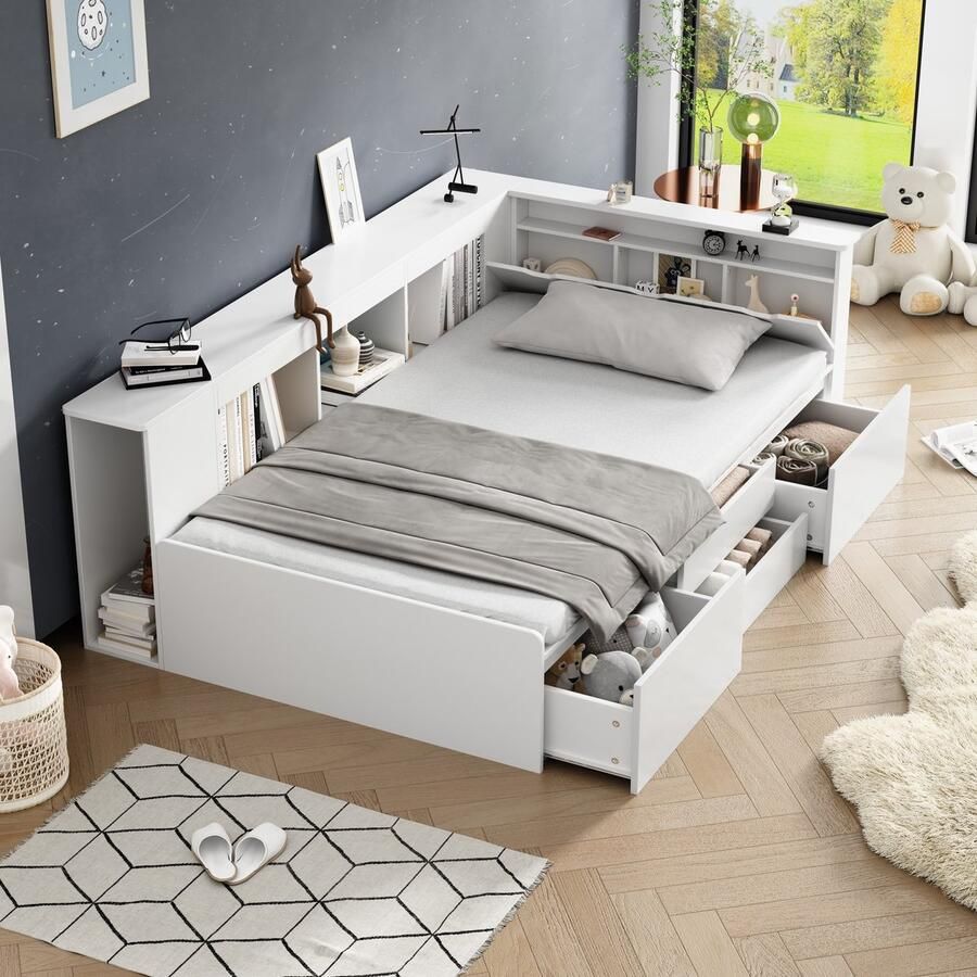 Merax Kinderbed 90x200 cm met 4 Lades – Wit Eenpersoonsbed van MDF met Boekenkast en Opbergkasten – Bed met Veel Opbergruimte – Inclusief Lattenbodem