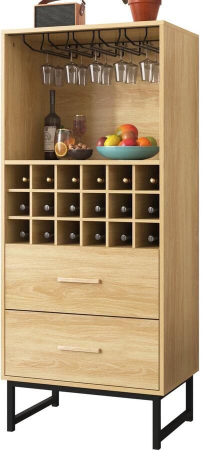 Merax wijnkast bruin – houten kast met 18 vakken 2 lades en metalen poten – sideboard met veel opbergruimte