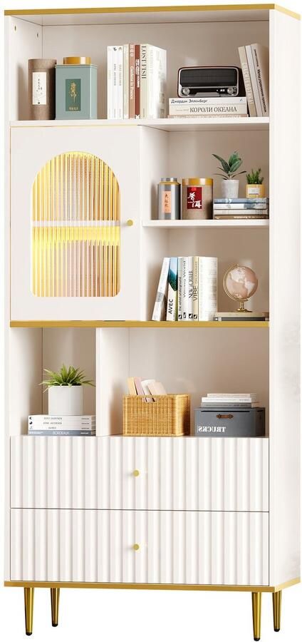 Merax Wit Boekenkast met LED Verlichting Glasfronten 5 Open Vakken en 2 Ladeblokken – Verstelbare Planken 78x36x190 cm