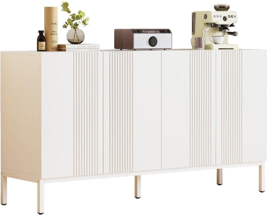 Merax Wit Design Dressoir – 145x41 5x80 cm – Modern Sideboard met 4 Greeploze Deuren – Verstelbare Planken – Buffetkast voor Woonkamer Keuken of Eetkamer – MDF en Metaal