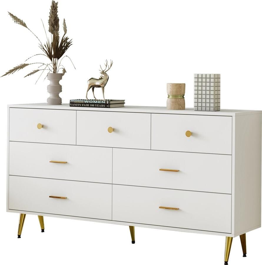 Merax Weißes Sideboard 7 Schubladen goldene Griffe goldene Beine glatte Schubladenführungen 140*35*76cm Esszimmer Anrichte Sideboard Küchenschrank Aufbewahrungsschrank Riser Schubladen Kommode